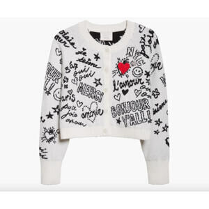 NEW, Cinq A Sept Loove Doodles Millie Cardigan in Ivory/black Sz XS #T3686